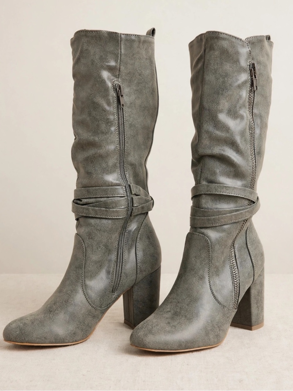 Very G Grey Over-the-Knee Wrap Detail Block Heel Boots